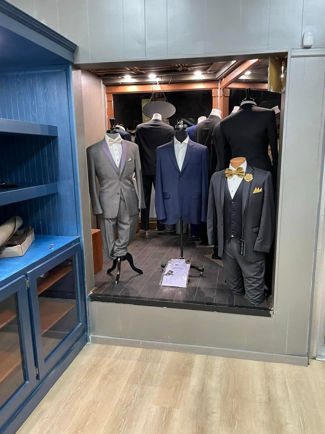 The Westfield Tailors showroom with tailored suits on display